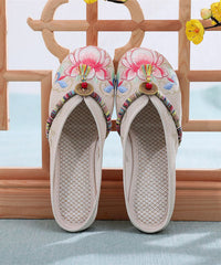 Beige Linen Tassel Embroidery Splicing Flat Slide Sandals