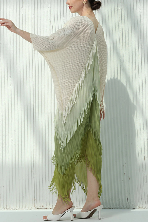 Color-blocked Multi-layered Tassel Loose Midi Dress