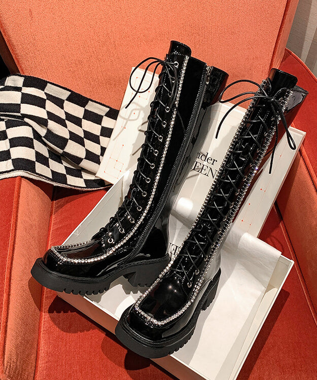 Black Boots Zircon Cross Strap Chunky Cowhide Leather