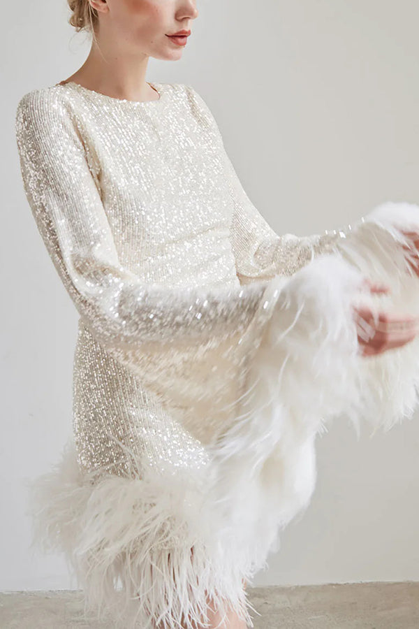 Sequined Feather Long-sleeved Backless Mini Dress