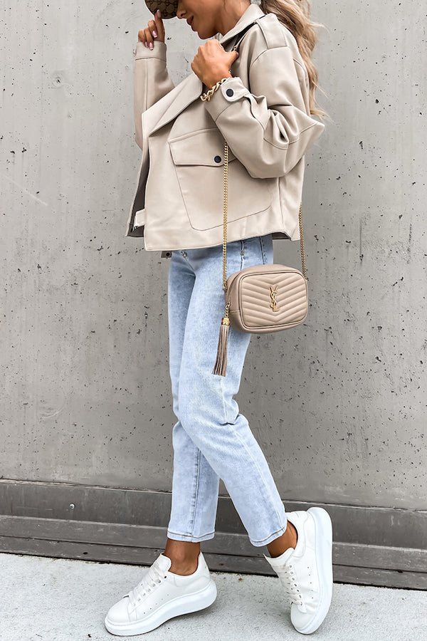 Leather Lapel Pocket British Style Cropped Jacket