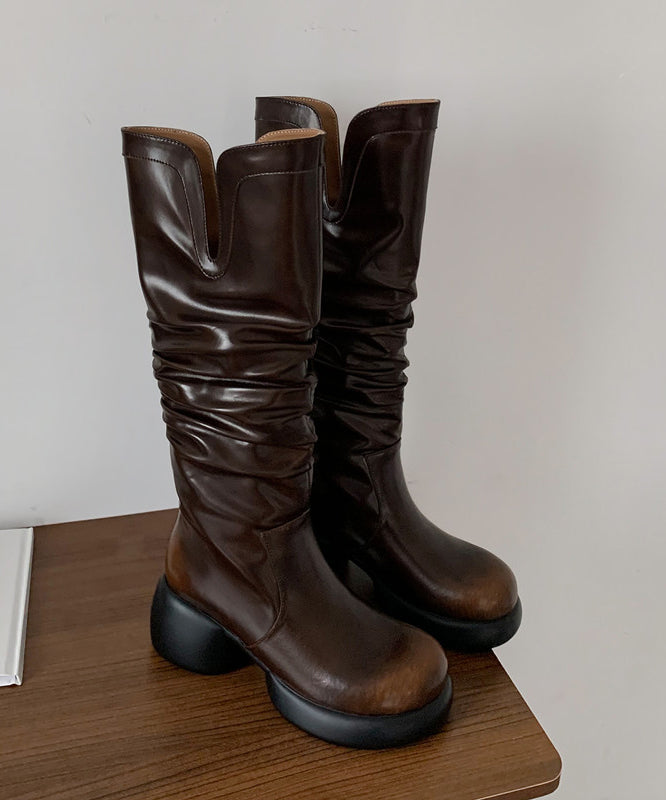 Chunky High Boots Brown Cowhide Leather Wrinkled