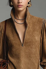 Loose-fitting Suede Zip-up V-neck Mini Dress