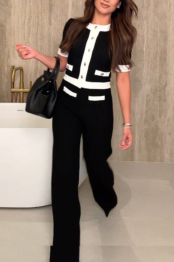 Contrast Color Stretch High Waist Casual Straight Pants