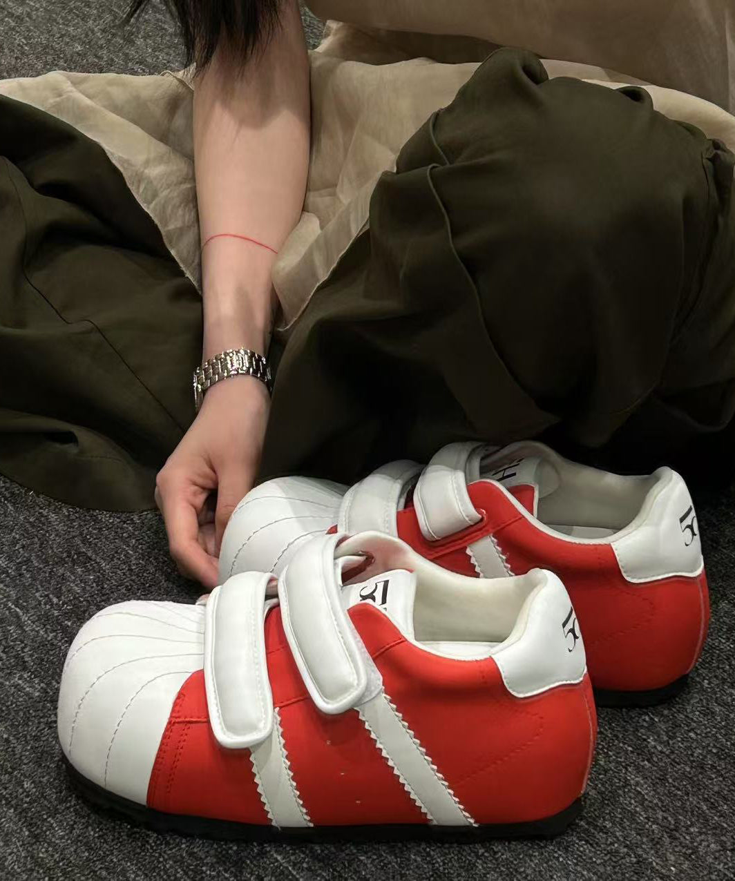 Casual Red Flat Shoes Splicing Cowhide Leather Buckle Strap