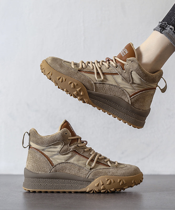 Khaki Platform Suede Lace Up Splicing Flats Fuzzy Wool Lined