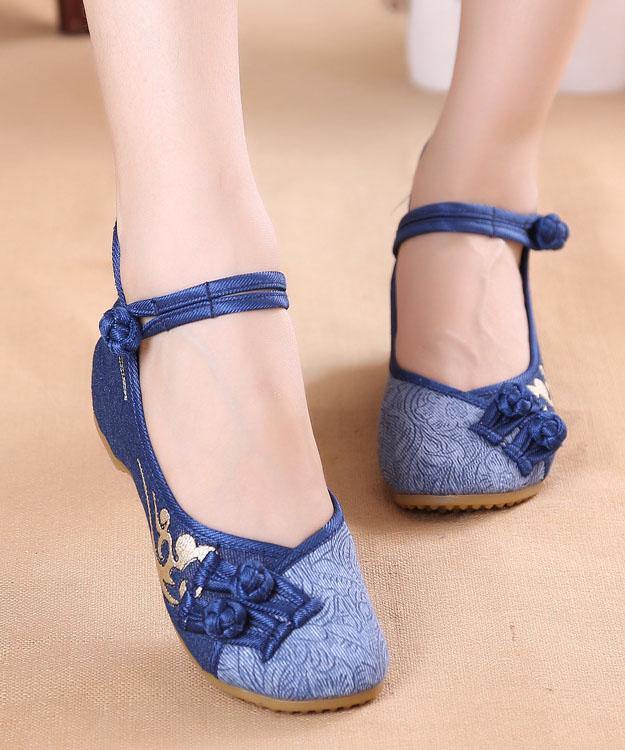 Buckle Strap Wedge High Wedge Heels Shoes Blue Oriental Cotton Fabric
