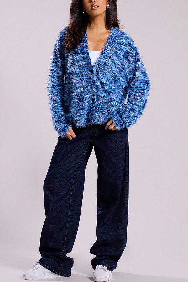 Mixed Color Loose V-neck Casual Knit Cardigan