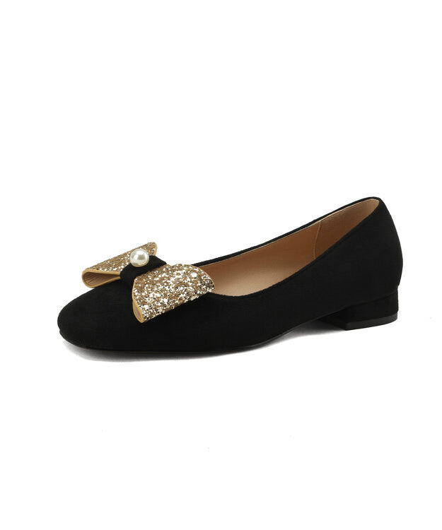 Black Soft Comfy Bow Zircon Splicing Flats