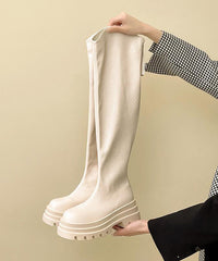 Zippered Splicing Platform Knee Boots Black