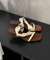 Splicing Apricot Pink Faux Leather Peep Toe Slide Sandals