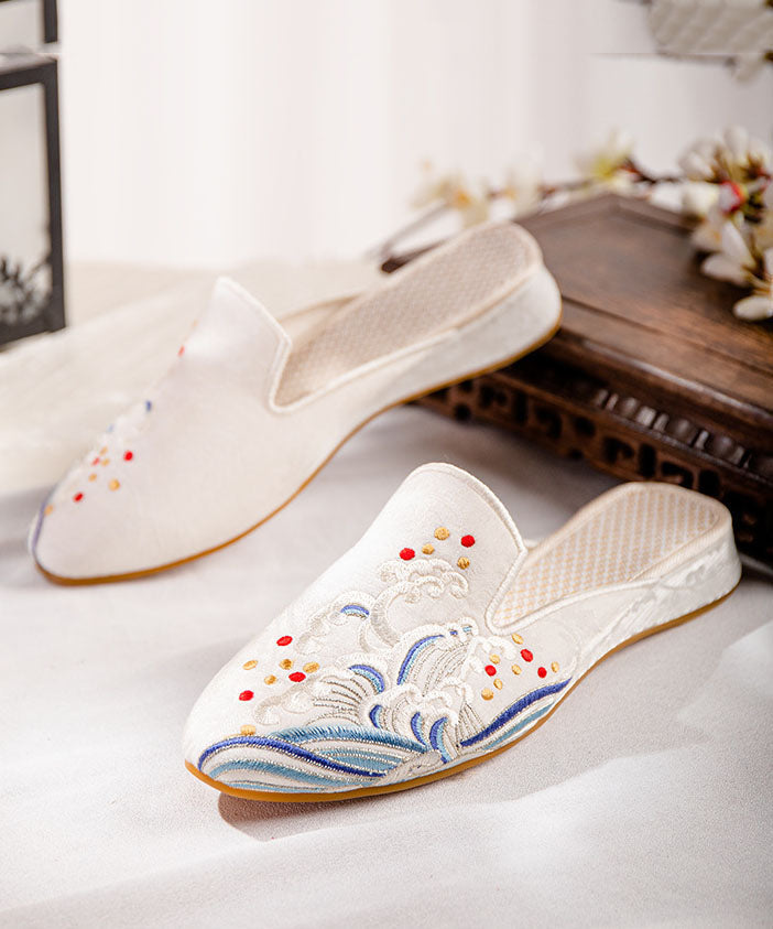 White Embroideried Cotton Fabric Splicing Flat Slide Sandals