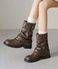Brown Chunky Faux Leather Splicing Boots