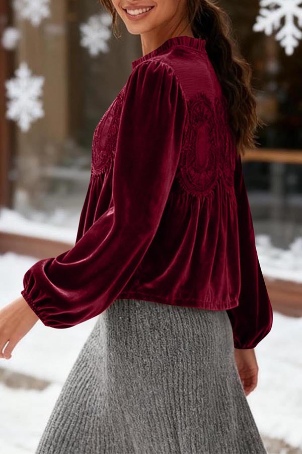Velvet and Lace Patchwork Loose Long-sleeved Top
