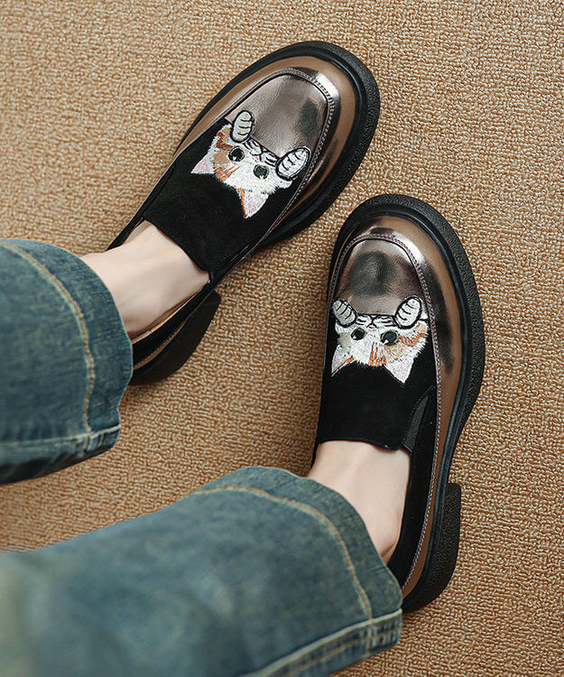 Brown Cats Embroidered Suede Splicing Chunky Loafer Shoes