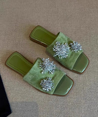 Italian Floral Splicing Green Cowhide Leather Slide Sandals Peep Toe