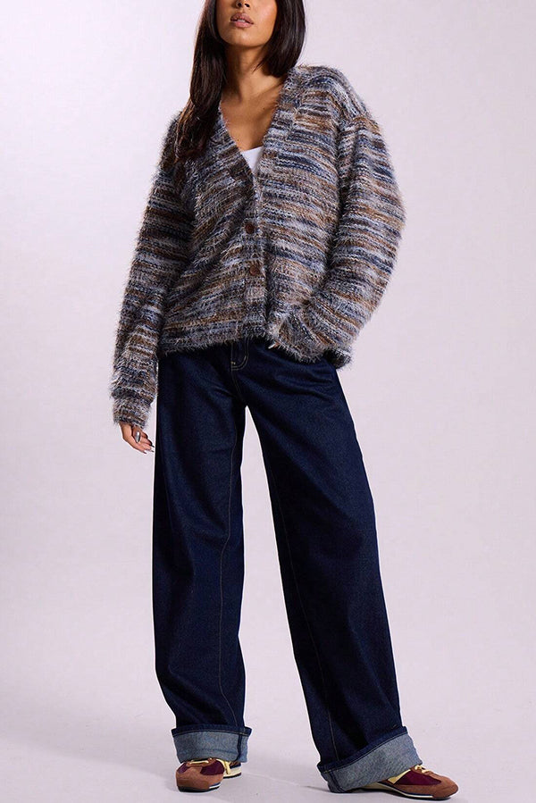 Mixed Color Loose V-neck Casual Knit Cardigan