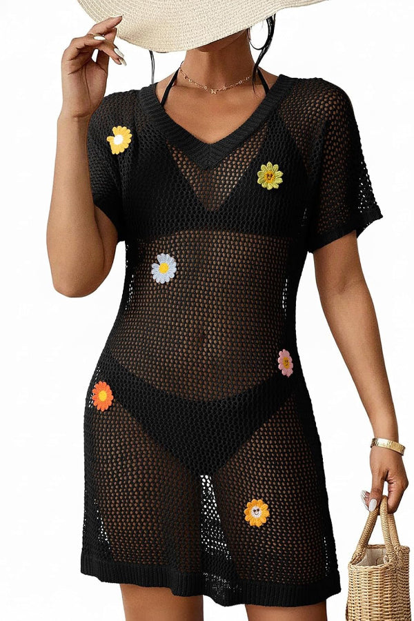 Floral-decorated V-neck Short-sleeved Crochet Cover-up Vacation Mini Dress