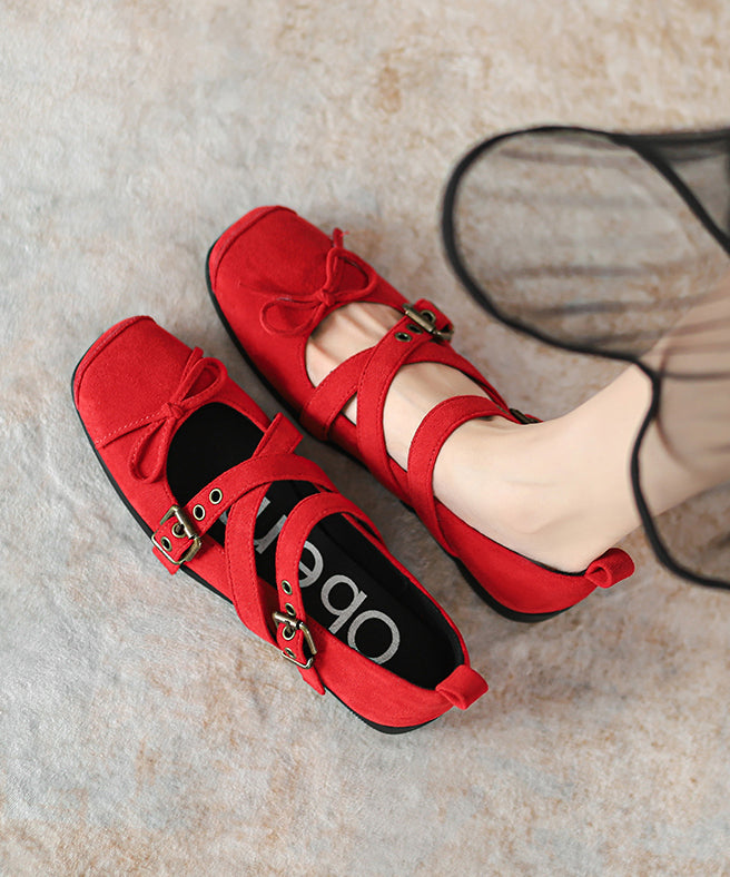Red Suede Chic Cross Strap Splicing Flat Feet Shoes