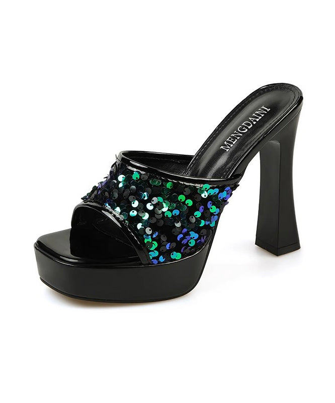 Sequins Splicing High Heel Black Slide Sandals Peep Toe