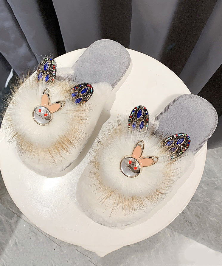 Splicing Slippers Shoes Khaki Fuzzy Fur Zircon