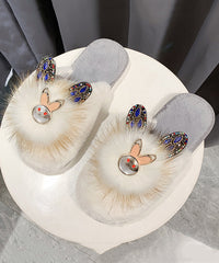 Splicing Slippers Shoes Khaki Fuzzy Fur Zircon