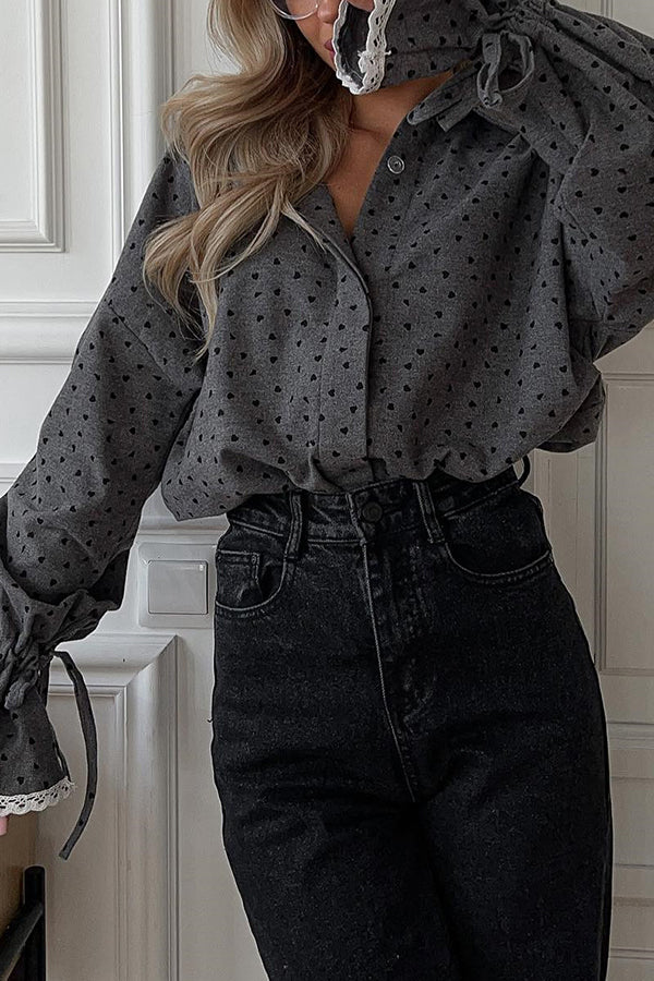 Love Polka Dot Lapel Lace Cuffs Casual Shirt