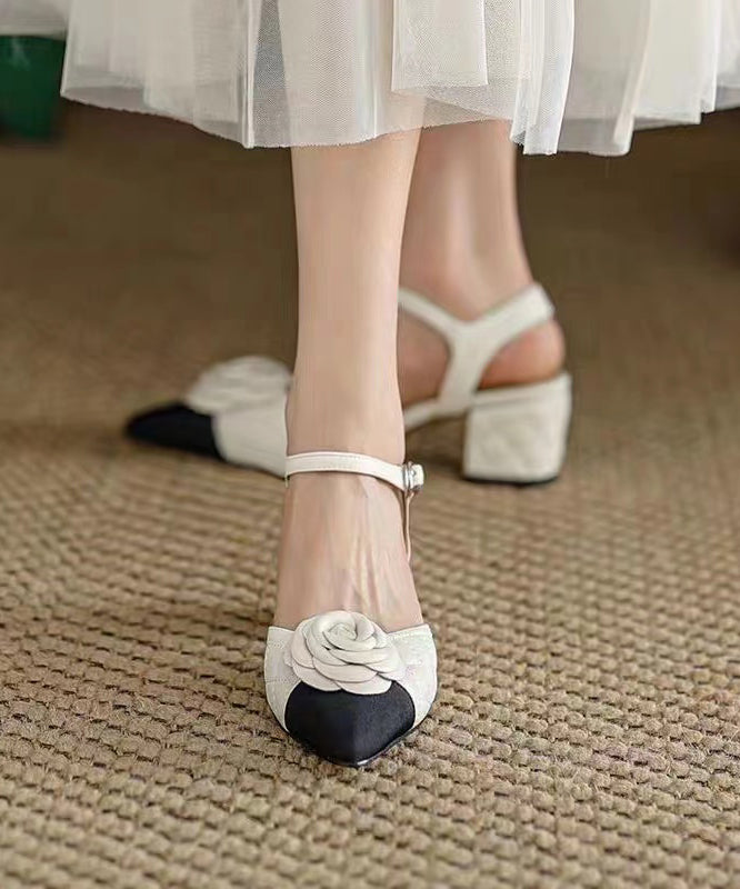 Yellow Pointed Toe Floral Chunky Heel Faux Leather Sandals