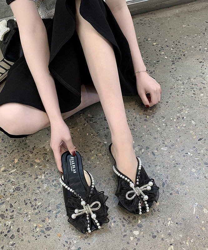Versatile Black Bow Nail Bead Slide Sandals