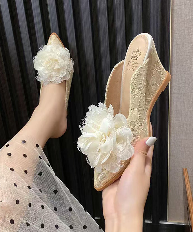 Apricot Floral Splicing Lace High Wedge Heels Slide Sandals