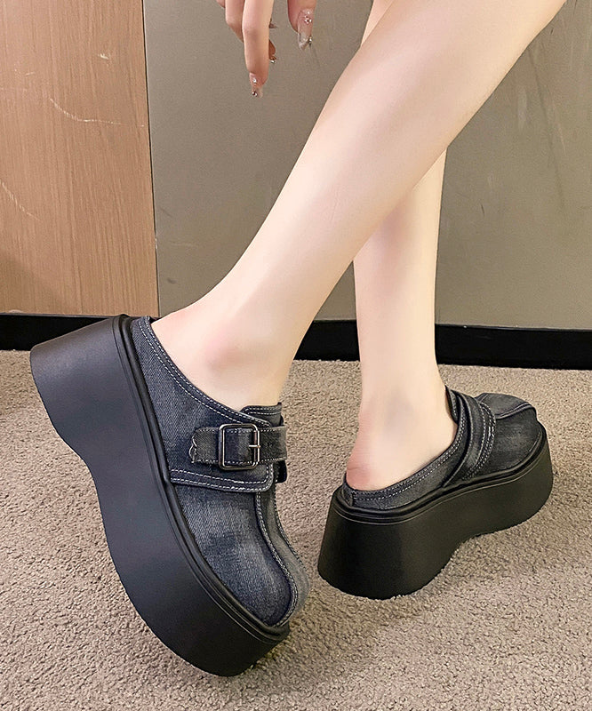 Splicing Platform Blue Cotton Fabric Slide Sandals