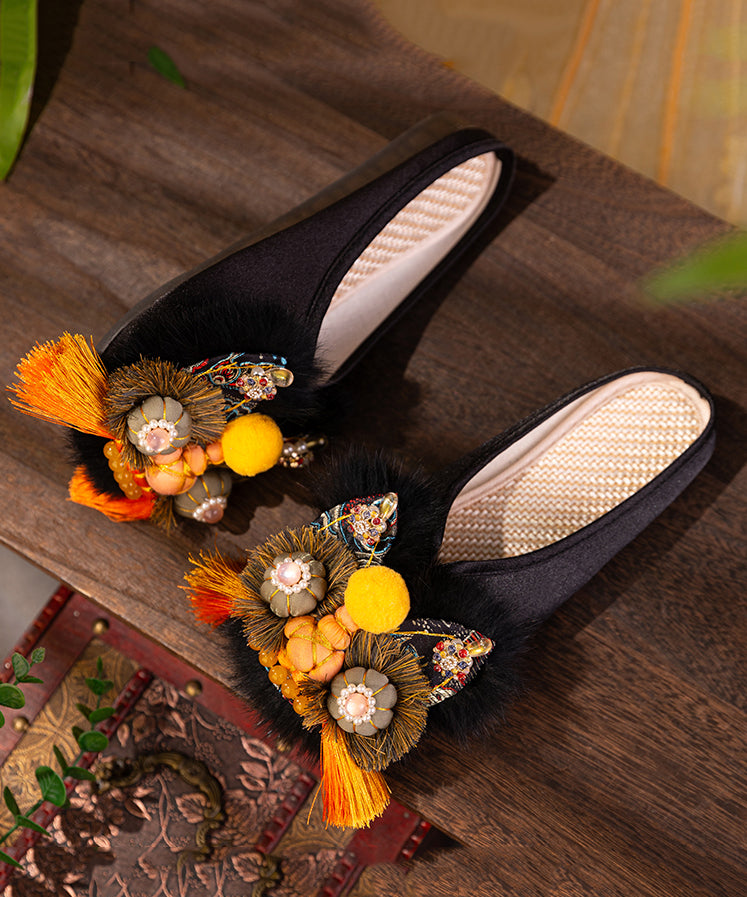 Handmade Comfortable Black Satin Slippers