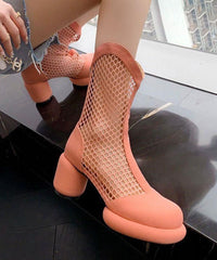 Splicing Chunky Boots Pink Breathable Mesh Hollow Out