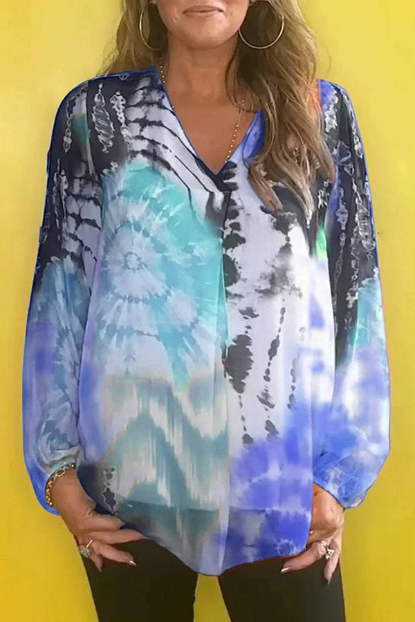 Gradient Tie-dye V-neck Long-sleeved Casual Shirt