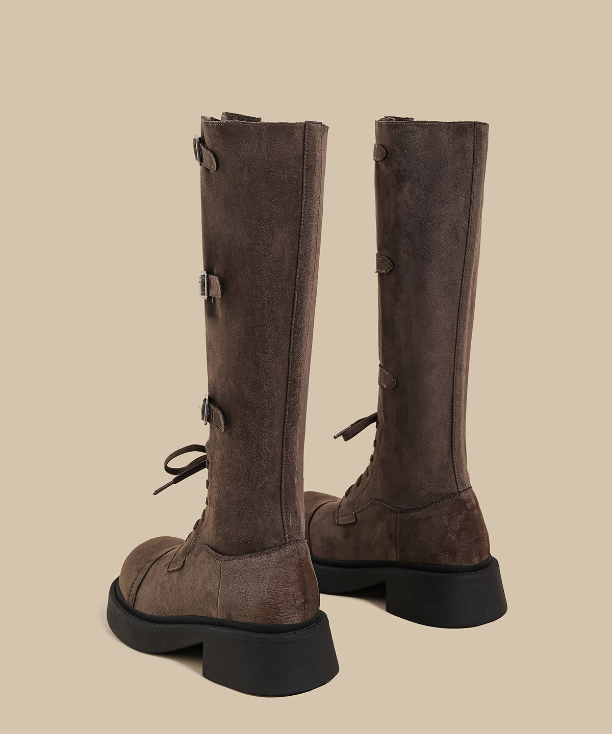 Khaki Chunky Suede Fitted Splicing Lace Up Buckle Strap Boots