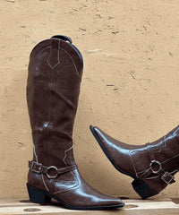 Splicing Chunky Boots Brown Faux Leather Pointed Toe