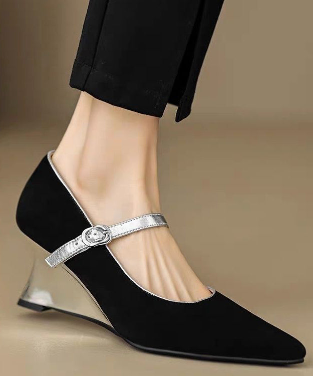 Black Wedge Heels Shoes Suede Fitted Splicing Buckle Strap