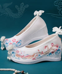White Embroideried High Heels Shoes Wedge Satin Fabric Lace Up High Wedge Heels