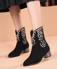 Black Embroidered Zircon Splicing Suede Chunky Boots