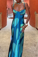 Verona Satin Leaf Pattern Front Tie-up Cutout Slip Drape Maxi Dress