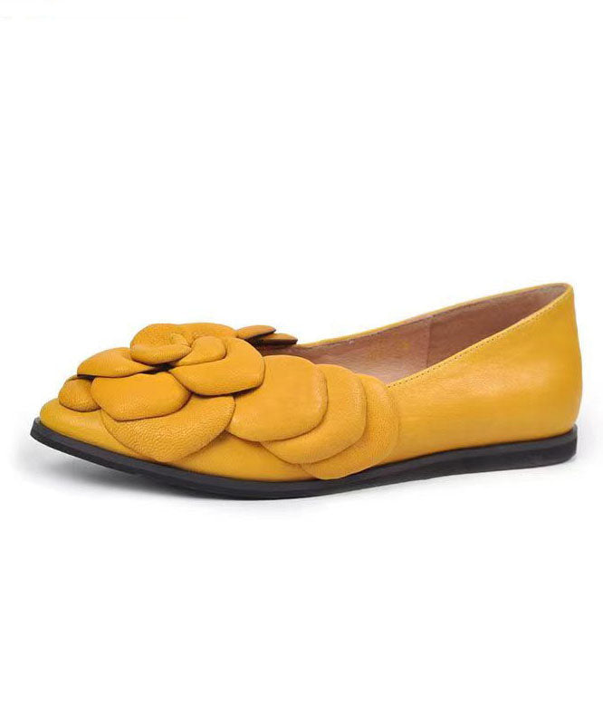 Yellow Floral Cowhide Leather Splicing Flat Feet Shoes