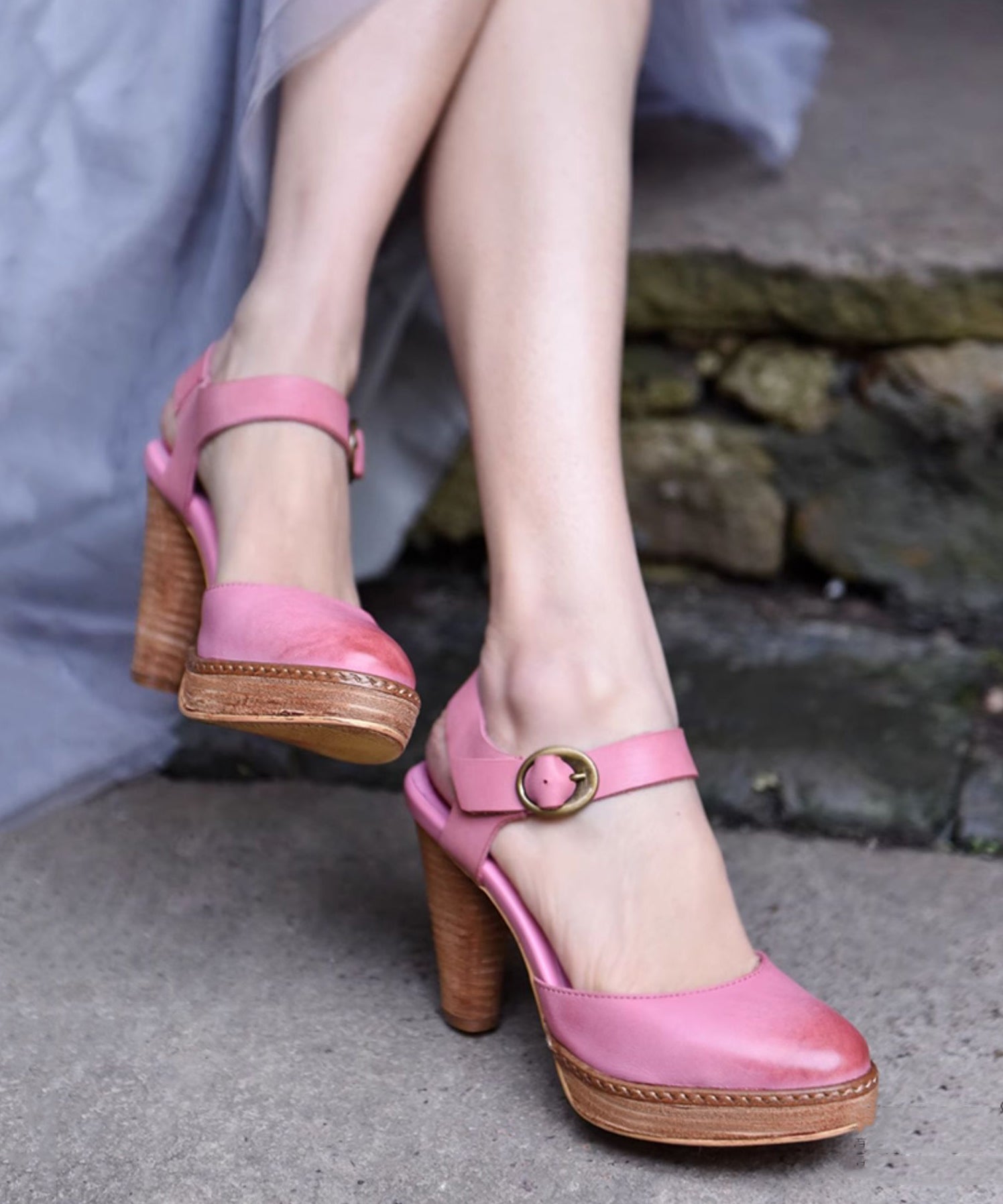 Comfy Splicing Chunky Heel Sandals Pink Cowhide Leather