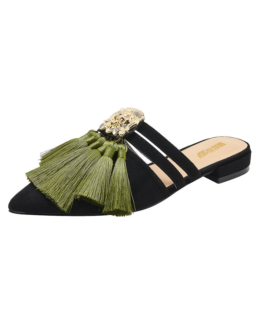 Black Velour Tassel Splicing Slide Sandals Pointed Toe
