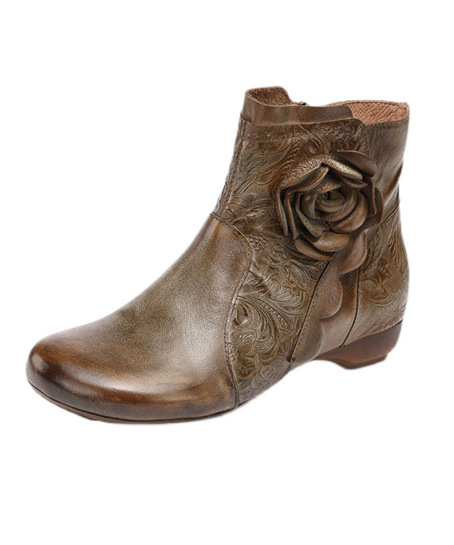 Zippered Splicing Floral Wedge Boots Camel Cowhide Leather