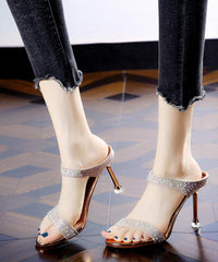 Peep Toe Stiletto Black Zircon High Heel Slippers