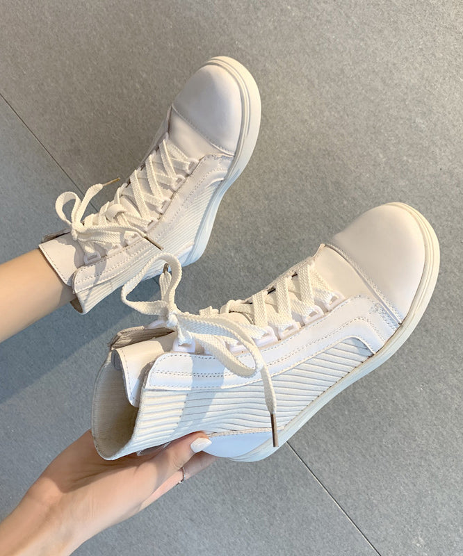 White Lace Up Splicing Cowhide Leather Flat Boots