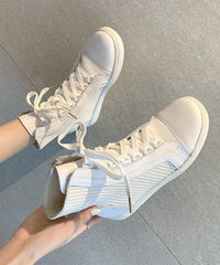 White Lace Up Splicing Cowhide Leather Flat Boots