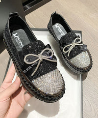 Stylish Splicing Gold Platform Flat Shoes Black Zircon Bow