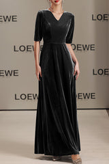Solid Color Velvet V-neck Fitted Waist Short Sleeve Elegant Maxi Dress