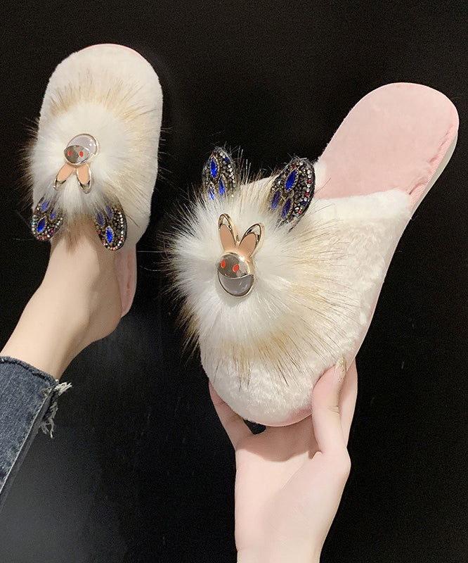 Splicing Slippers Shoes Khaki Fuzzy Fur Zircon